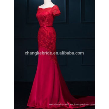 Elegante rojo corto mangas de gasa de raso vestido de dama de honor vestido largo vestido de encaje